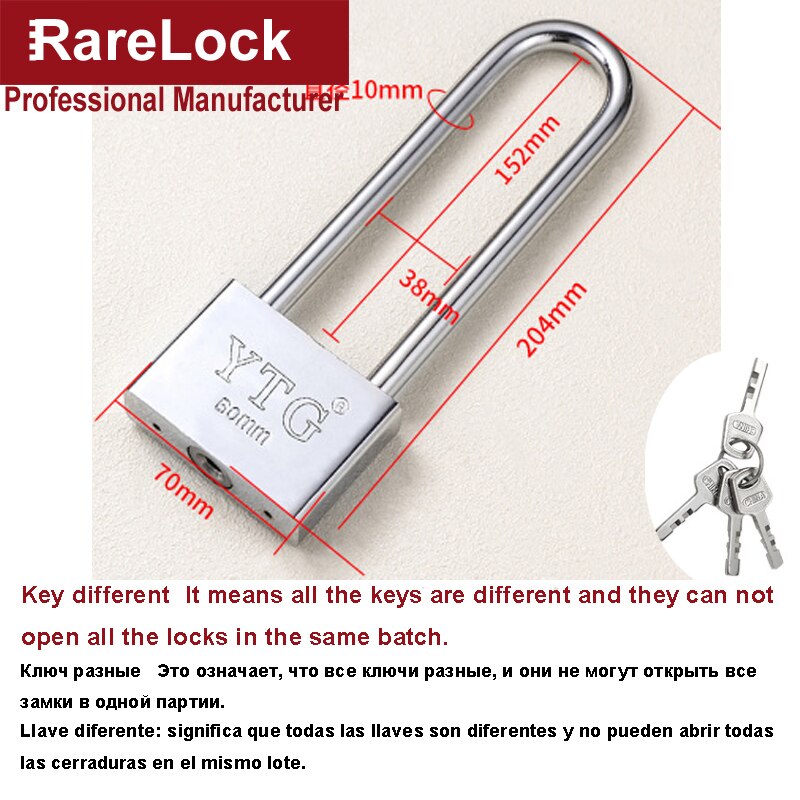 Long Handle Padlock Key Lock 30-70mm for Garden Gate Warehouse Bicycle Cabinet Shop Door Office DIY Rarelock MS463 h: 70mm Key different