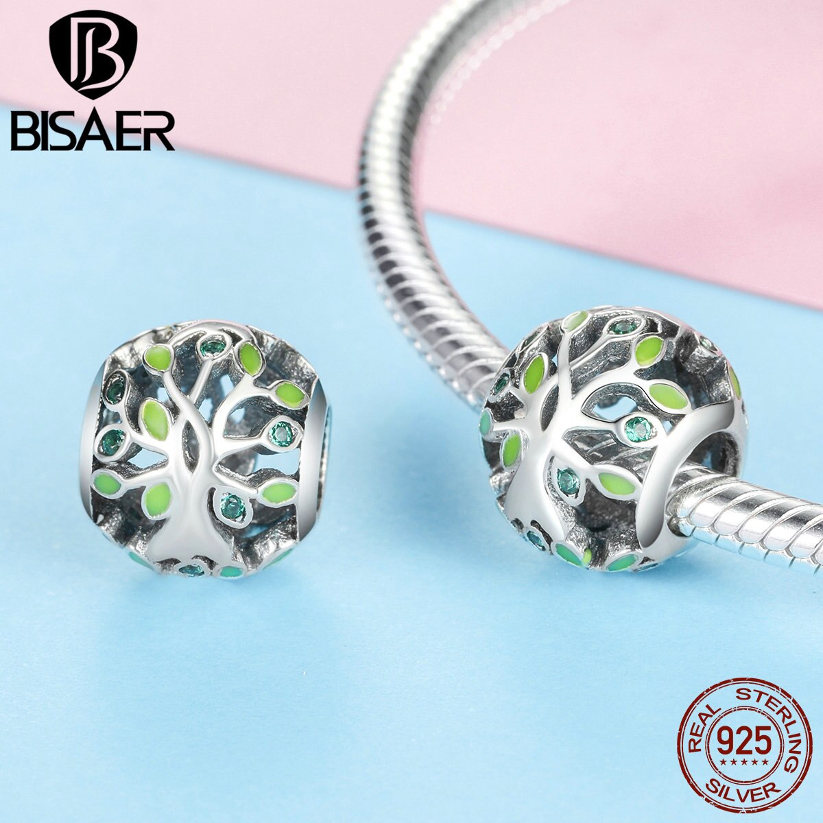 BISAER 925 Sterling Silver Tree Of Life di Fascino Verde Chiaro CZ Branelli Misura I Braccialetti Gioielli FAI DA TE Fare Gioielli In Argento 925 ECC919