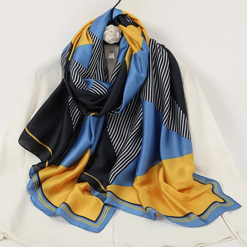 Estampa geométrica feminina Imitação de seda cetim cachecol, elegante protetor solar xale, cabeça de viagem praia, hijab à prova de vento, 180x90cm: Azul