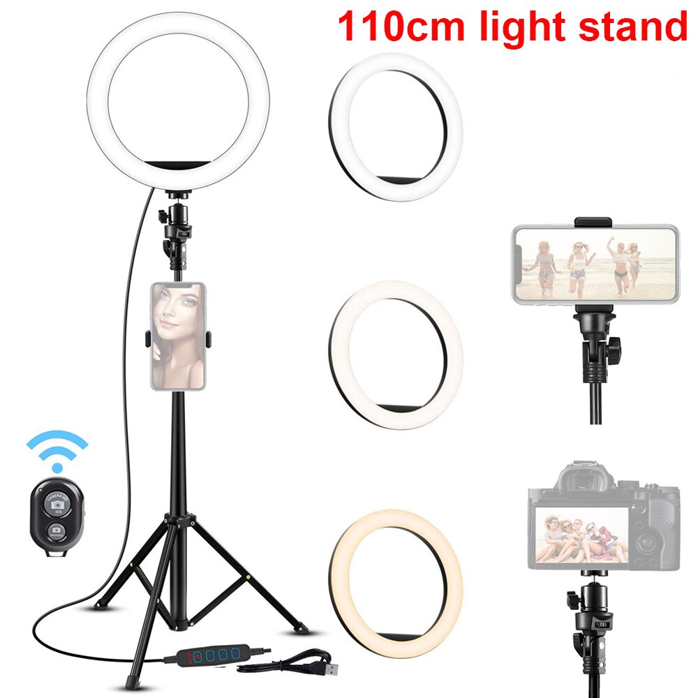 6inch LED Video Ring Light Lamp Dimmable 3 Lighting Modes USB Powered with Ballhead Adapter Phone Holder Tripod Stand: 110cm light stand
