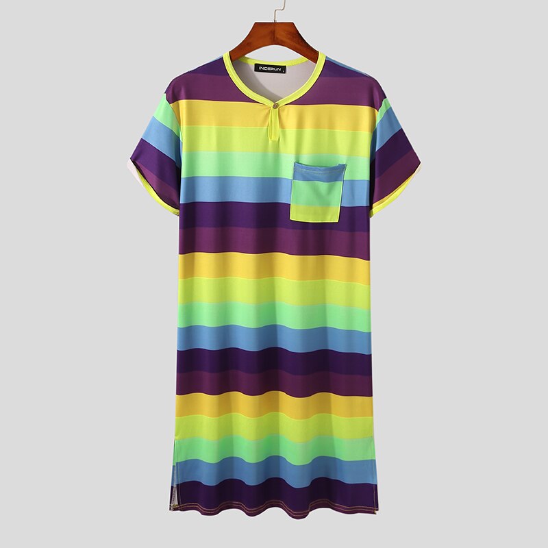 Incerun Mannen Gewaden Kleurrijke Gestreepte O Hals Korte Mouwen Homewear Cozy Leisure Nachtkleding Zomer Heren Badjassen Nachtjapon S-3XL: Purple / S