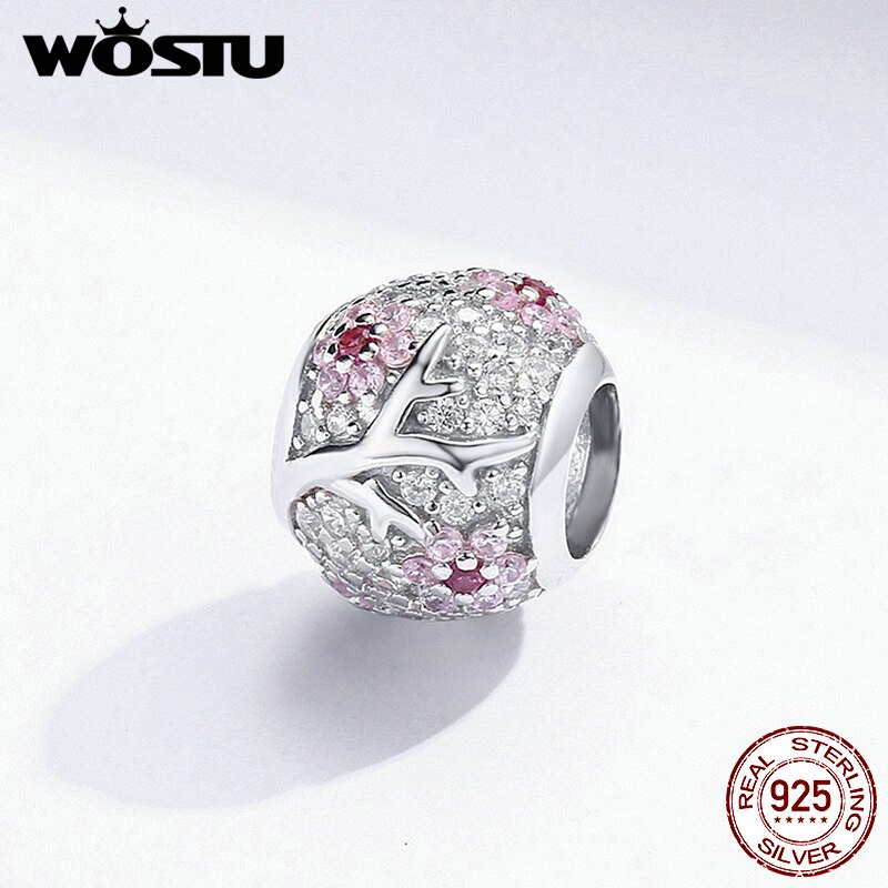 Wostu ægte 925 sterlingsølv blommeblomstperler blomst pink zirkon charm pasform originalt armbånd vedhæng gør selv-smykker