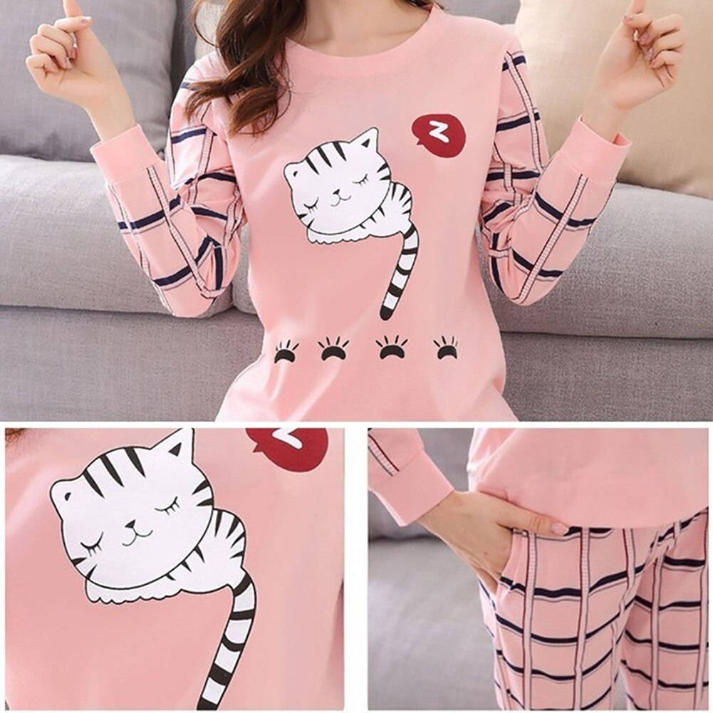 Pajama Set Winter Cute Cartoon Cat Print Pajama Set Women Two-pieces Long Sleeve Sleepwear Breathable Soft Round Neck Set
