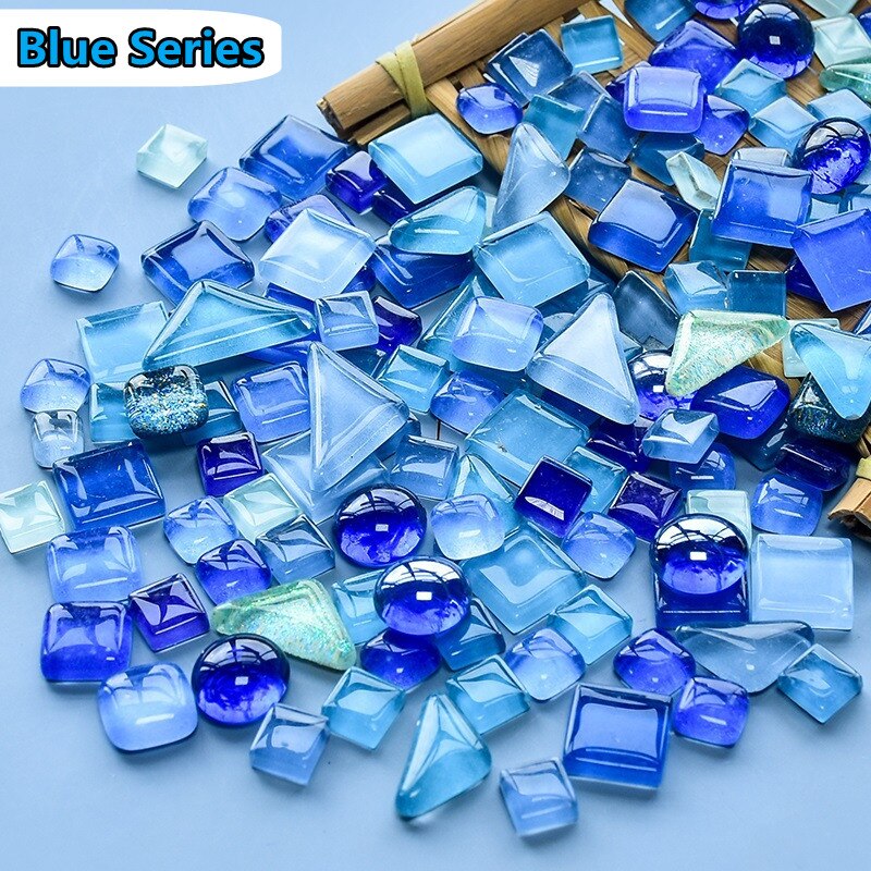 Azulejos de mosaico de vidrio diversificado, materiales para manualidades de mosaico DIY, mezcla de colores/formas, piedras de mosaico brillantes redondas/triangulares/cuadradas, 250g/8,81 oz: Blue Series