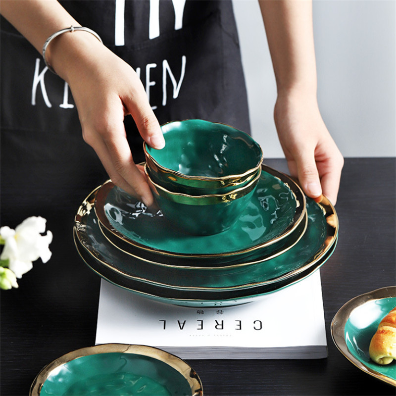 Ceramic Dark Green Glaze Dinner Plates Bone China Dinnerware Dessert Salad Serving Plate Rice Soup Bowls Kitchen Tableware