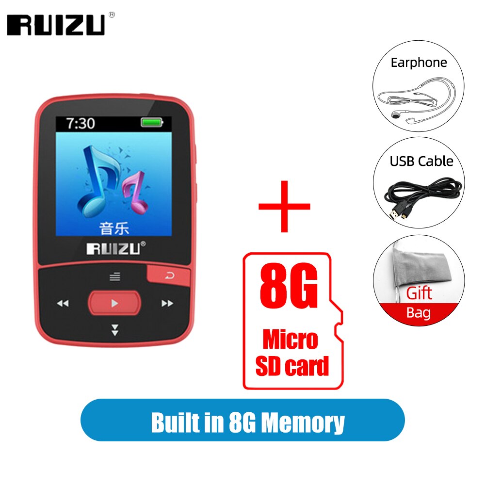 RUIZU X50 Sport lettore MP3 con Bluetooth 8GB Mini Clip Music lettore Audio supporto Radio FM registratore EBook orologio pedometro Video: 8G Red Add 8G Card