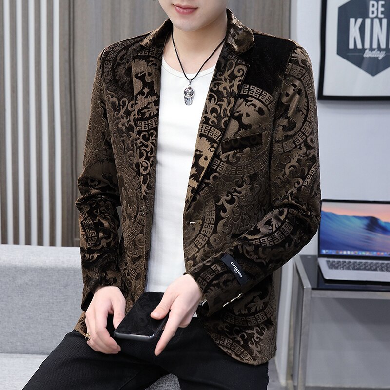 Spring Men's Printed Old Suit Handsome Small Suit for Men's South Korean Sight-fitting Evening Show Small Suit Jacket