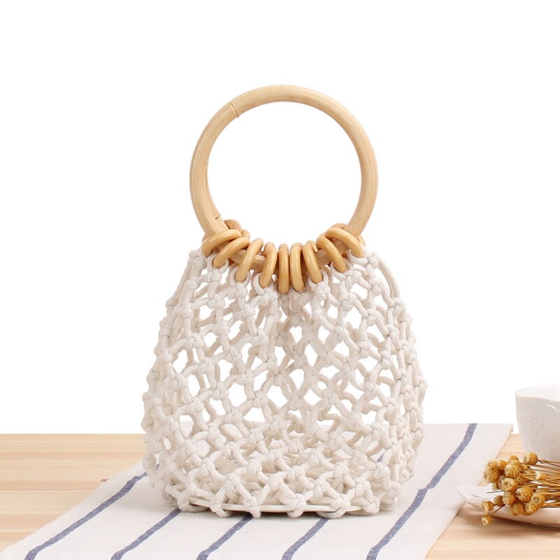 Pure Color Net Bag Hand Woven Bag Hand Tied Cotton Thread Hand Held Beach Bag Breathable DIY Wristlets Bag Summer Style: 1