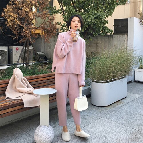 Women's Tracksuit Set - Knitted Turtleneck Pullover - 2 Piece Casual Outfit: Pink