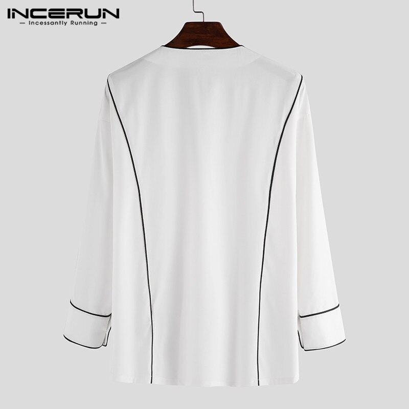 INCERUN Long Sleeve Loose Brand Shirts Men Casual Shirt Korean Chic V Neck Blouse Color-block Camisa Plus Size