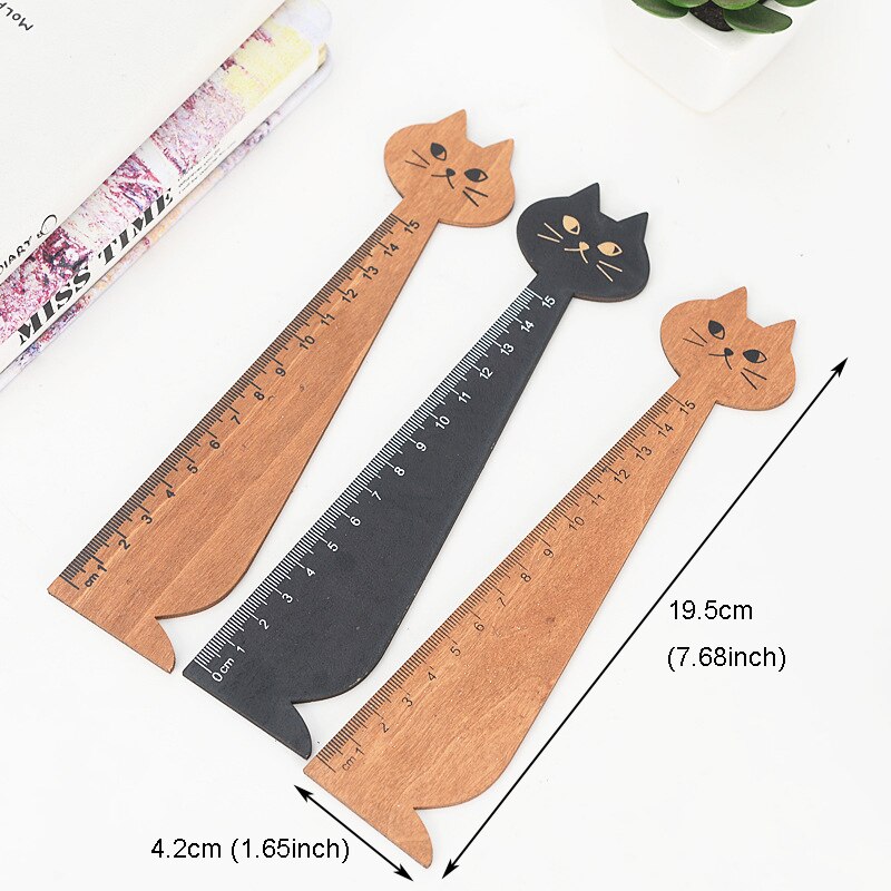 1pc Cat Wooden Ruler Brown Black Straight Ruler Wood Kawaii Drawing Tools Stationery Cartoon Ruler for Kids Office School