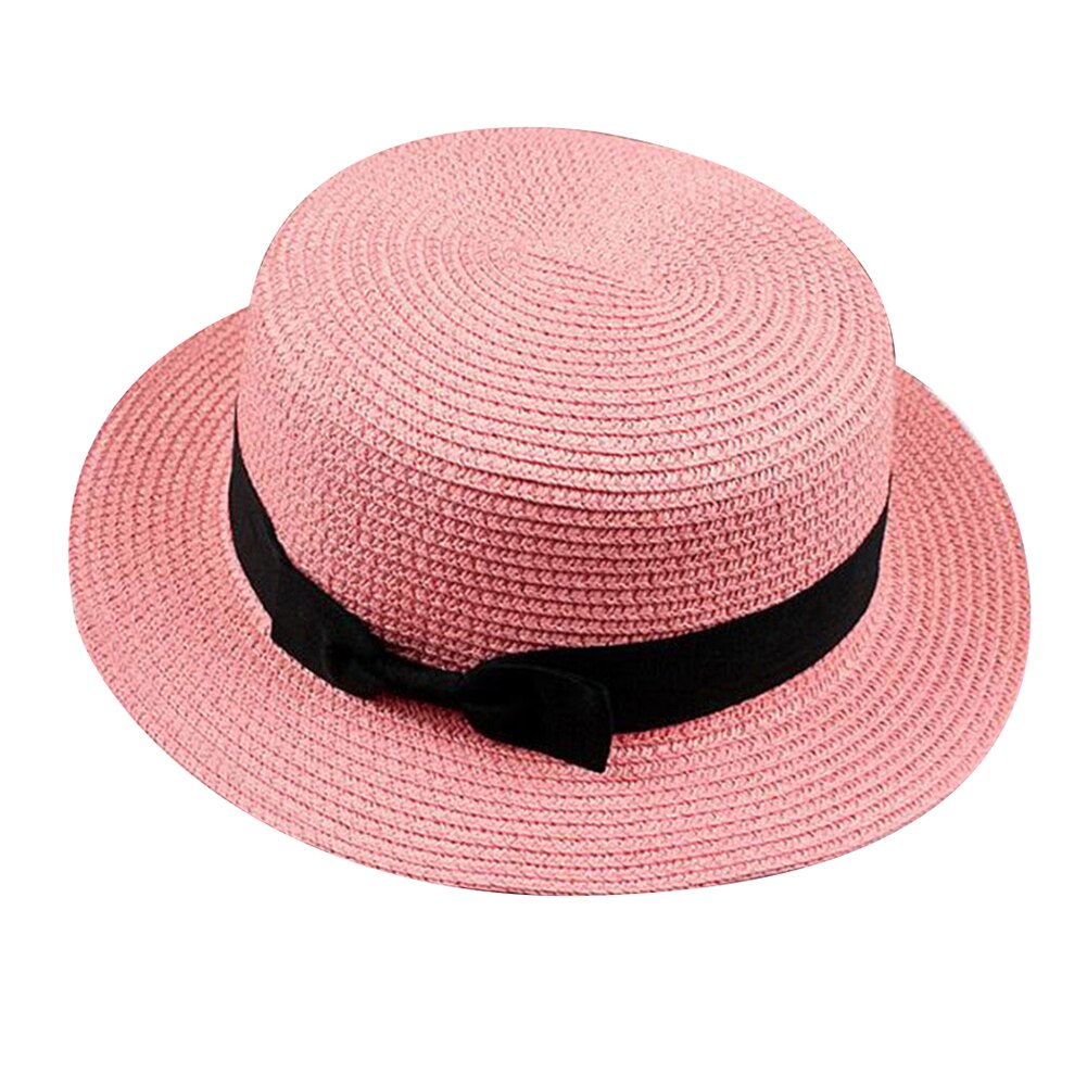 Sombrero plano redondo de paja para mujer, gorra de sol con lazo, cinta de verano, Color sólido