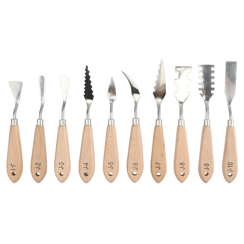 Raspador de arte de forma especial de cerámica de acero inoxidable, cuchillo de paleta de pintura acrílica con mango de madera, herramienta de cerámica con textura de pintura al óleo