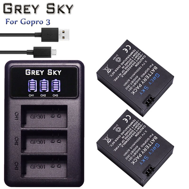 3Pcs 1600Mah Hero 3 Gopro Hero3 Batterij Vervanging + Led Dual Usb Charger Voor Gopro Go Pro Hero 3 3 + Camera: charger and 2battery