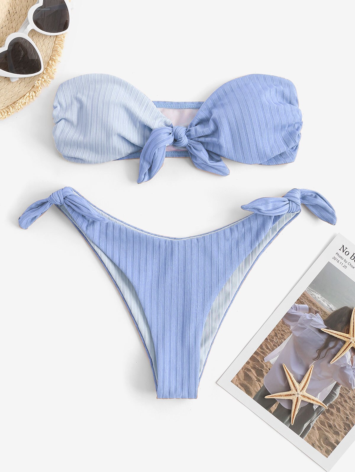 Zaful Vrouwen Badpak Kleurblok Half En Half Half Print Trend Twee Tone Geknoopt Monochrome Geribbelde Padded Bikini Set Monokini
