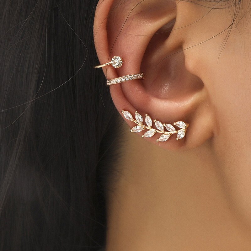 1 Set Minimalistische Little C Cubic Zircon Kraakbeen Blad Oorbellen Clips Sets Voor Vrouwen Chic Street Stijl Oor Manchetten