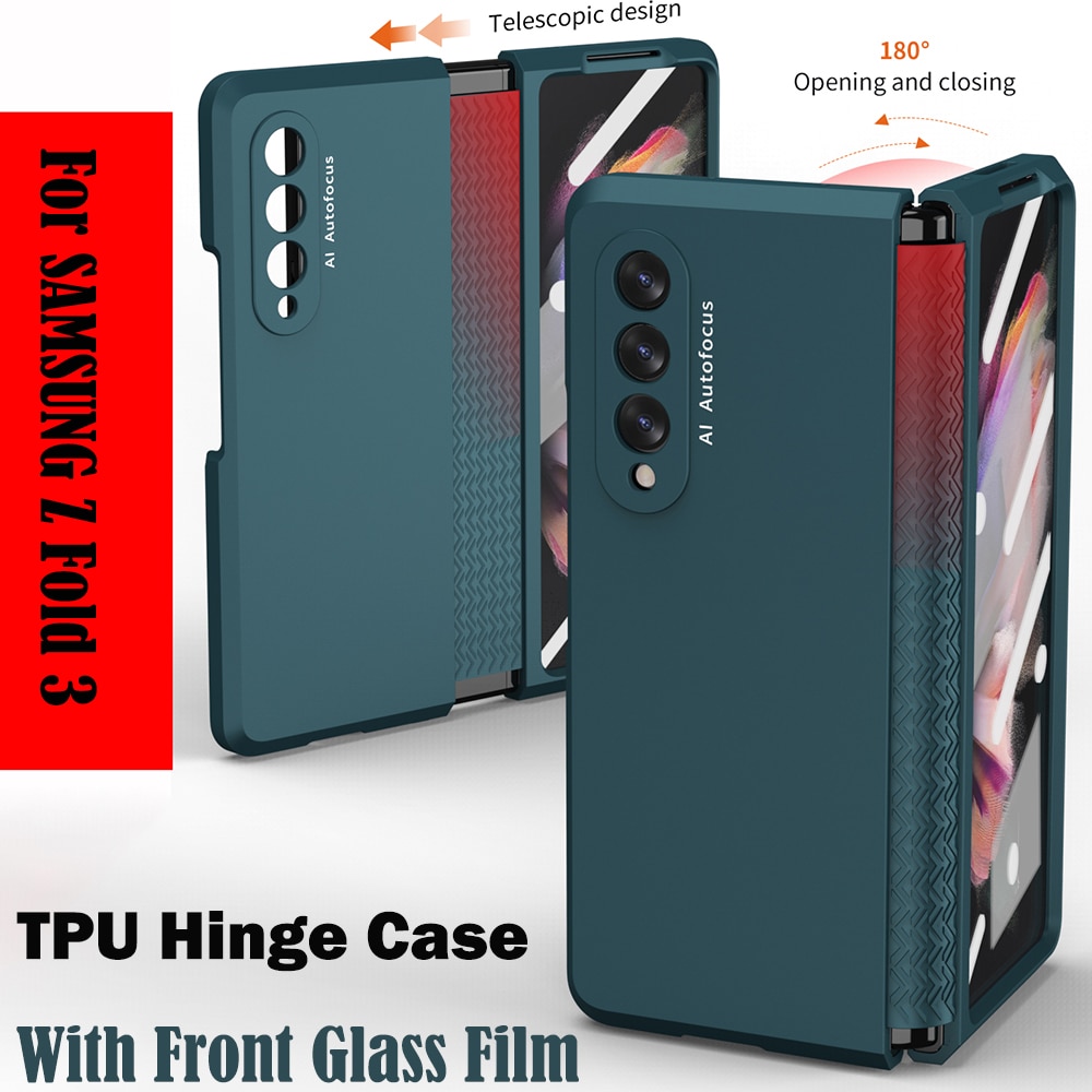 Para samsung galaxy z dobrar 3 dobradiça caso com filme de vidro frontal para galaxy z dobrar 3 5g tpu dobradiça caso completo telefone protetor funda