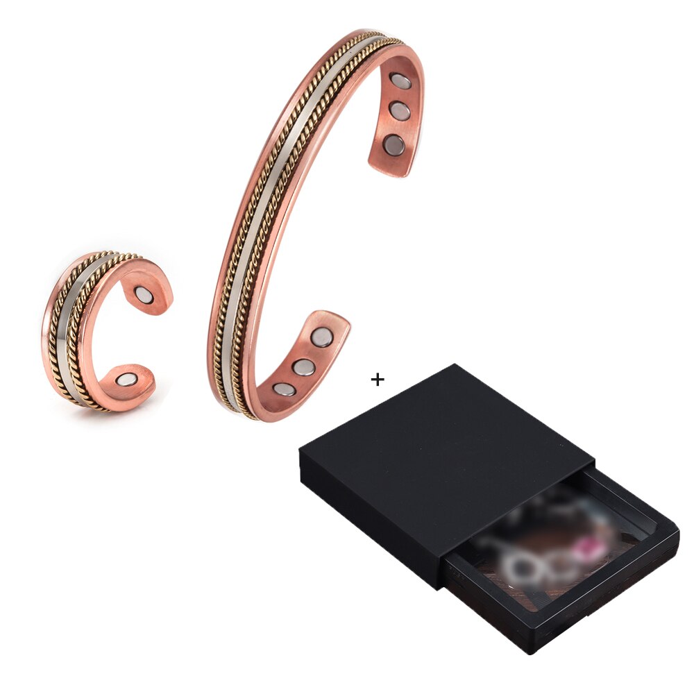 Jewelry-Set Magnetic Copper Bracelet Ring Healing Energy Jewelry Sets for Women Rose Gold Adjustable Cuff Ring Bracelets Bangles: cross with box