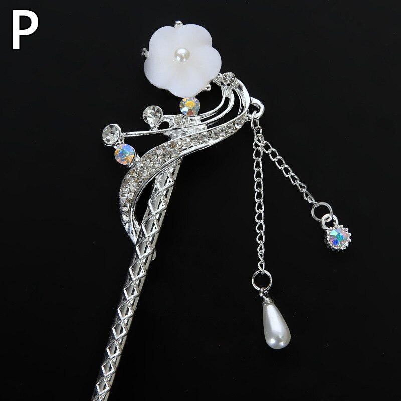 Vintage Chinese Style Hair Stick metalowe pałeczki Rhinestone kobiety Tassel kwiat perłowy spinka do włosów spinka do włosów biżuteria akcesoria: P