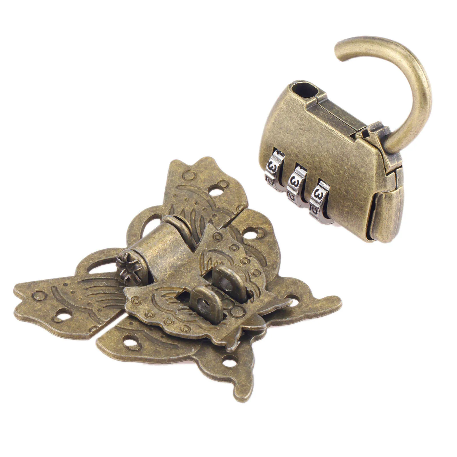 1kit Password Padlock+Butterfly Latch Clasp Wooden Box Lock Set with Screw Vintage Wood Jewelry Box Cabinet Drawer Retro Decor