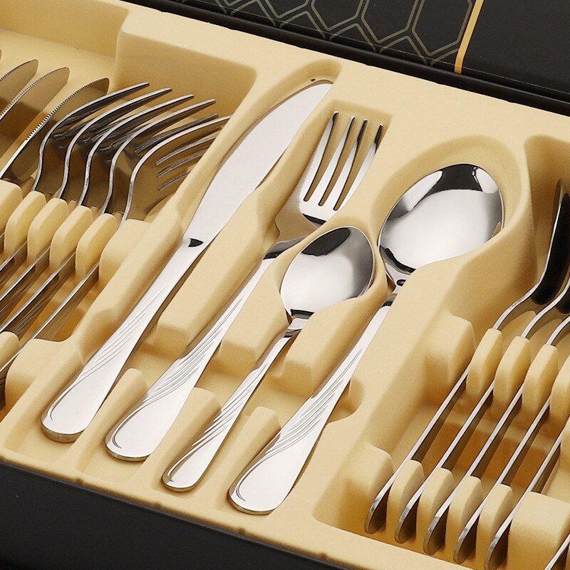 24pcs Gold Tableware Set Stainless Steel Knife Fork Spoon Dinnerware Box Cutlery Set Kitchen Flatware Tools Housewarming