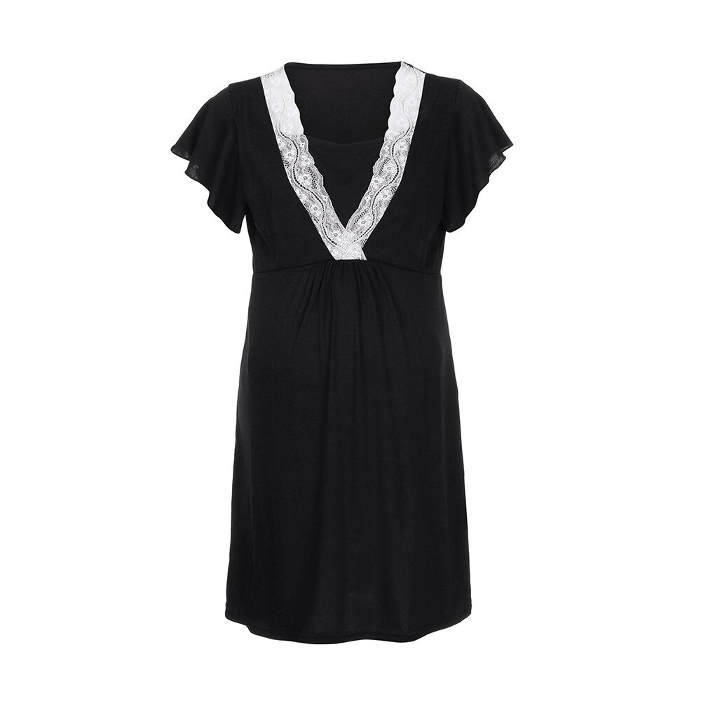 Mutterschaft Kleider Frauen murmeln Spitze Schwangere lässig Pflege Baby Für Mutterschaft Pyjama Kleid Kurzarm Pflege Kleider: Schwarz / S