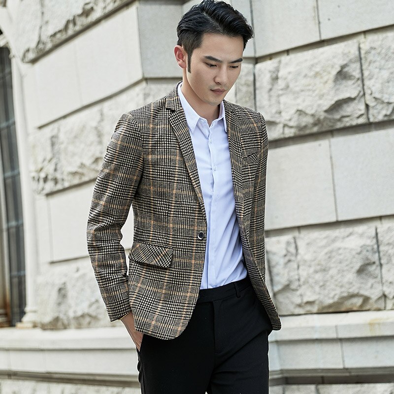 Rutete blazer herre dressjakke i britisk stil uformell brudekjole kåpe business streetwear sosial jakke este kostyme homme: Khaki / Asiatisk størrelse m