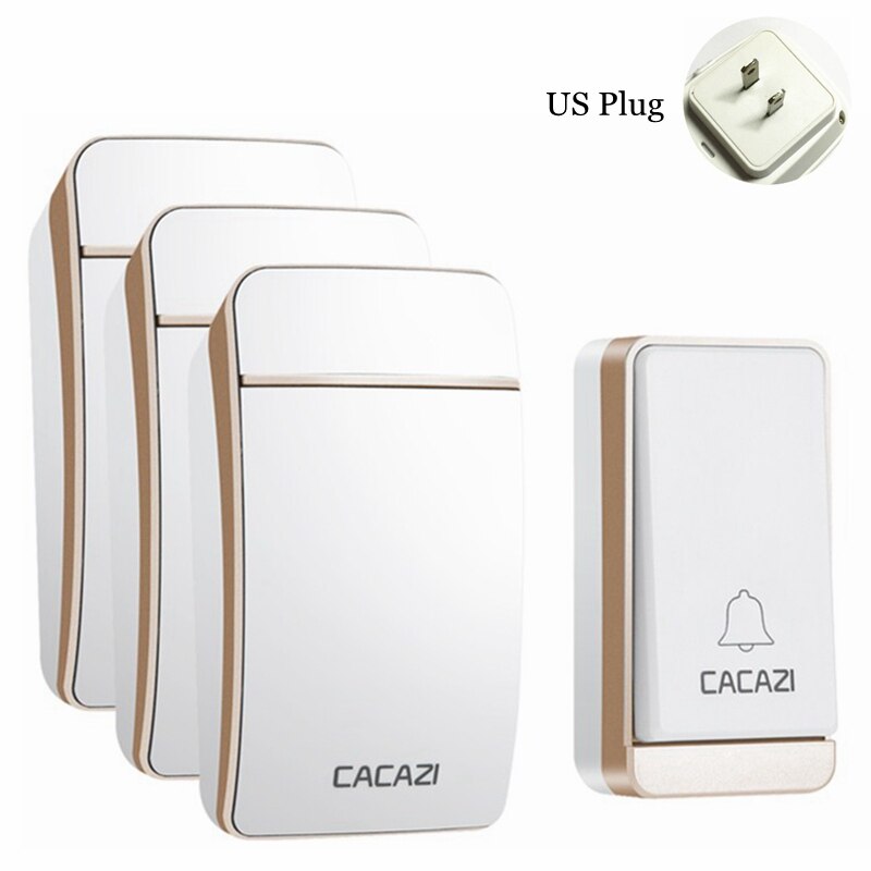 CACAZI Self-powered Wireless Doorbell Waterproof No Battery LED Flash 1 Button 3 Receiver Smart Home Cordless door bell chime: Gold 1x3 US