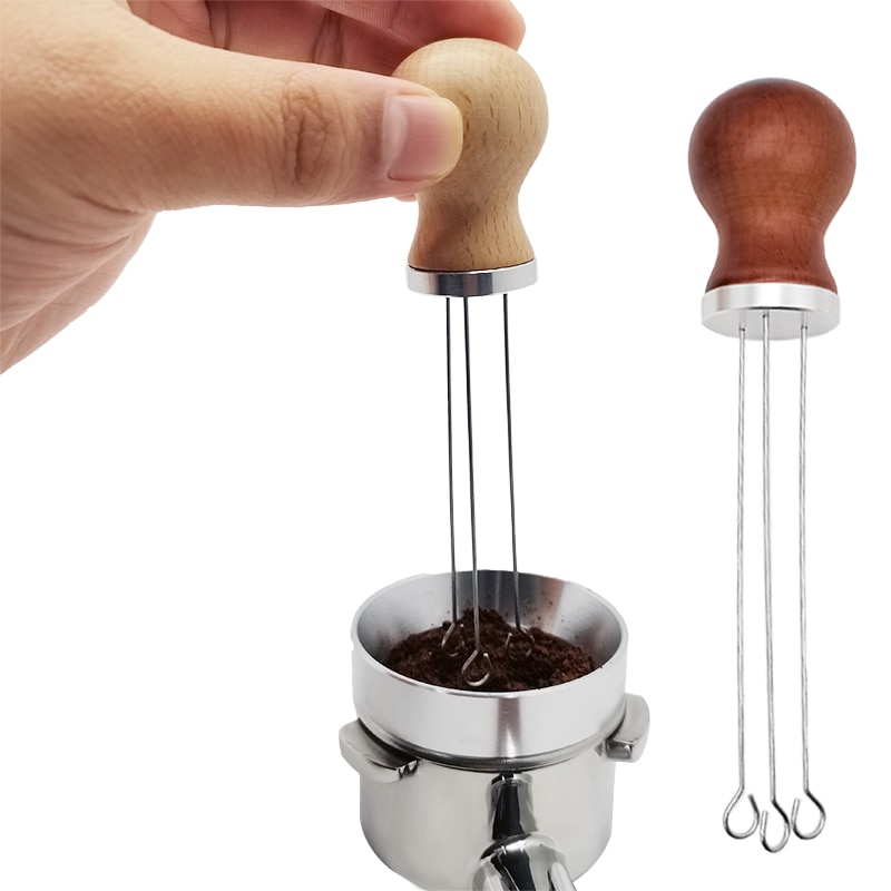 Manico in legno massello acciaio inossidabile caffè Espresso manomissione agitazione ago per filtro caffè Porfilter Maker Tools