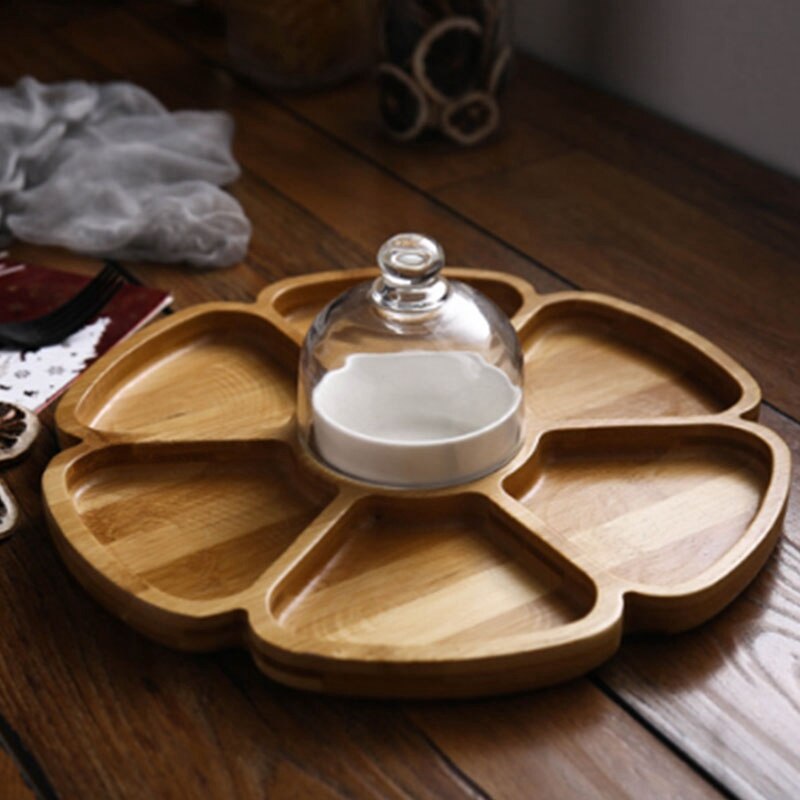 Petal Shaped Six Compartments, Nut Box, Dried Fruit Plate, Compartment Snack Plate, Fruit Plate with Ceramic Bowl Cover