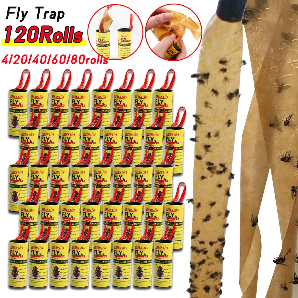 120–4 Rollen Fliegen-Klebepapier, stärker Klebestreifen für Fliegen, Papierstreifen, doppelseitiges fliegendes Insekten-Insekten-Mücken-Fänger-Rollenband