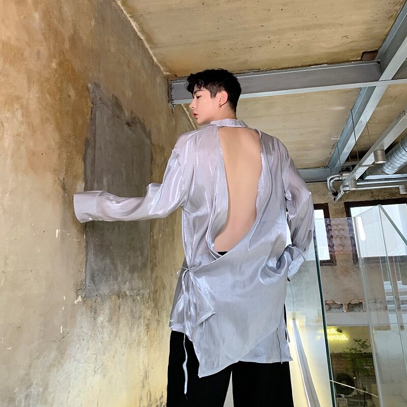 Men trends Open Back Long Sleeve Casual Couple Shirts Male Streetwear Hip Hop Punk Gothic Party Night Club Shirt