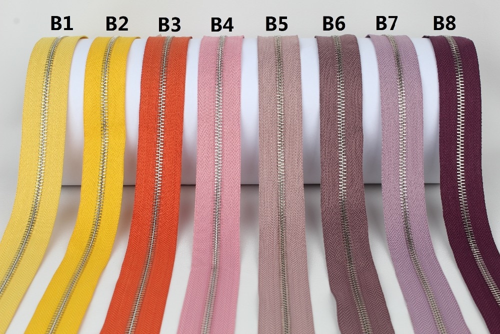 5#  zilveren metalen ritsen, enkele open einde, geelgoud, oranje, roze, fuchsia, paars, metalen rits, rol, 10 meter, veel