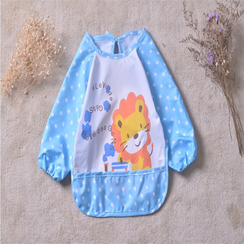 0-3Y Toddler Silicone Bibs Feeding Baby Crumb Catcher Wipeable Waterproof Pocket Long Sleeve Bib Cartoon Paint Play Apron: Blue Lion