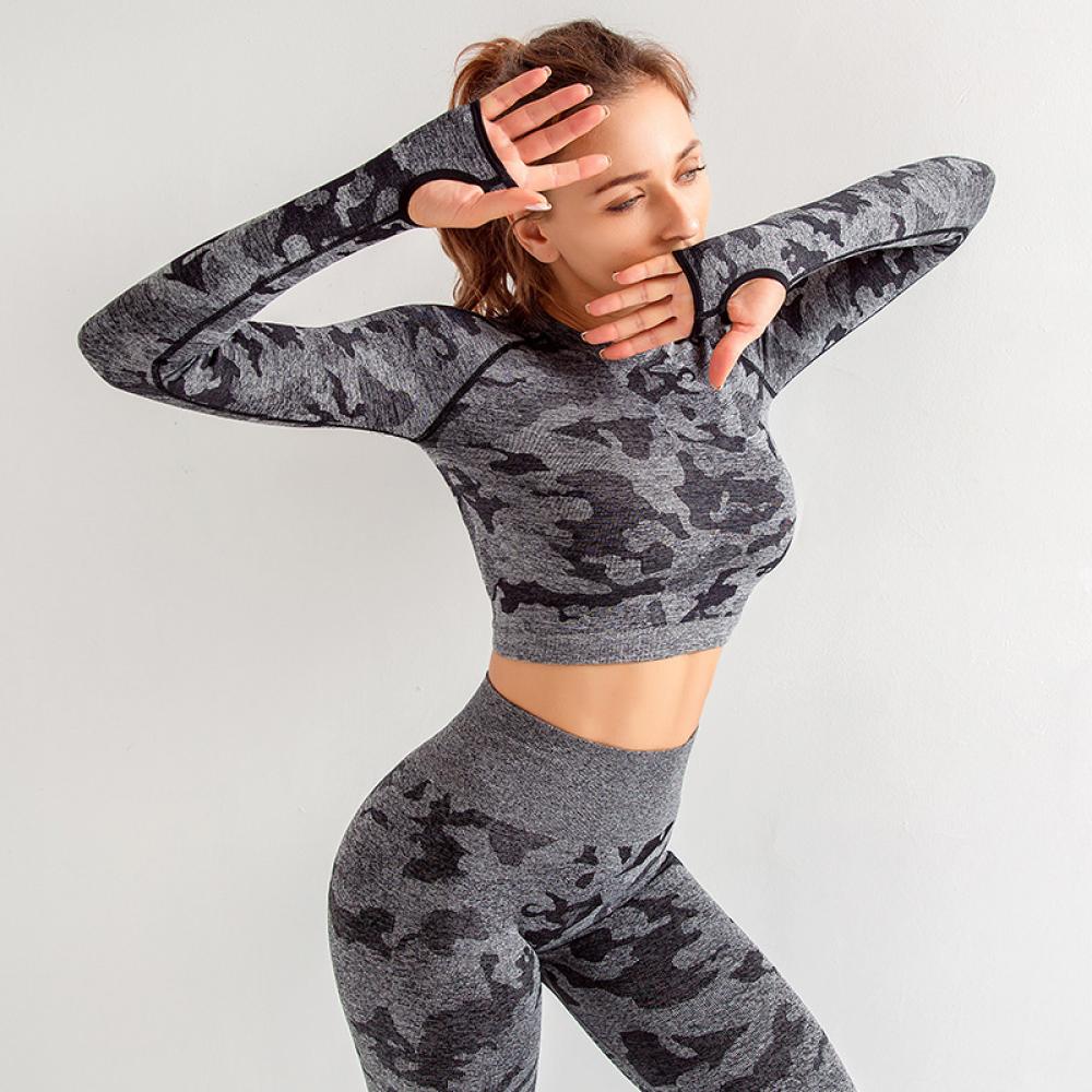 Nahtloses fitness-camouflage-top für damen, gymnastikshirts, yoga-crop-top, trainingskleidung, sportshirts, damen-sportbekleidung