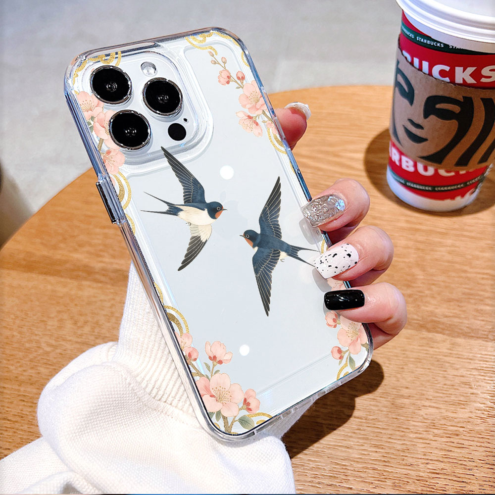 Zwaluwen en perzikbloesems transparante telefoonhoesje voor iPhone 14 15 16 13 12 11 17 Pro Max 12 13 Mini zachte hoes