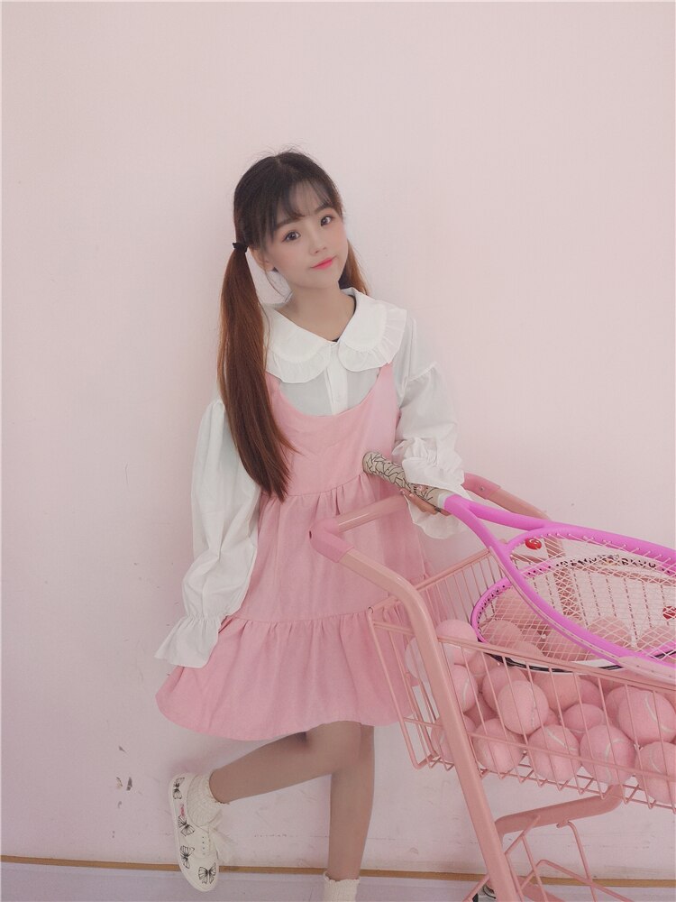 Vestido lolita, dulce y lindo, estilo kawaii, para niñas, estilo princesa, sirvienta, falda vintage con volantes, mangas abullonadas, falda roja, negra y rosa para mujer, cuello redondo.
