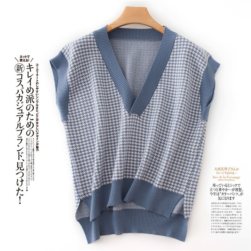 Femmes cachemire pull automne sans manches motif en vrac automne hiver tricoté grand col en v femmes femme pull gilet décontracté: Bleu