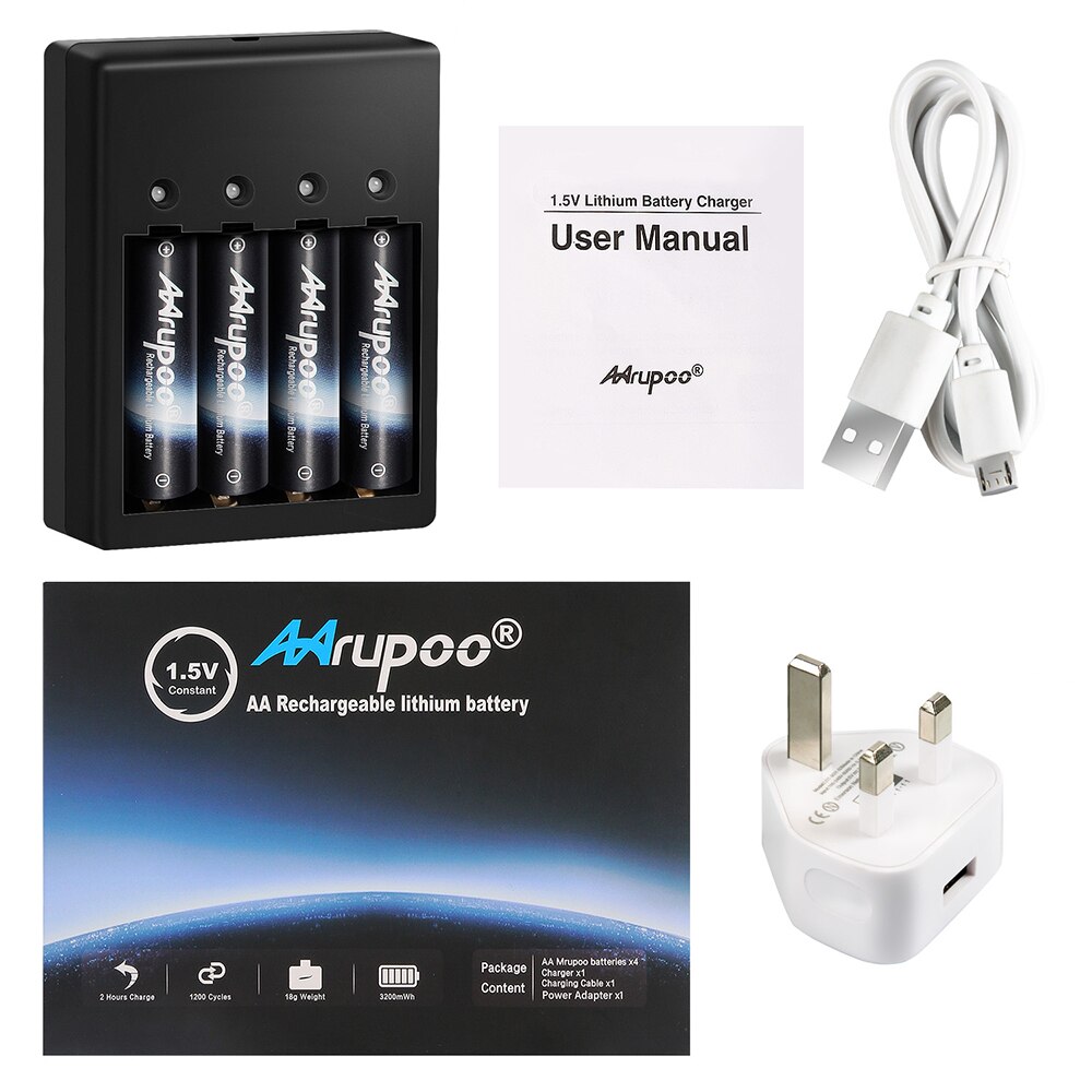 Wiederaufladbare AA oder AAA Batterie USB Ladegerät mit Kabel Adapter und 4 AA Lithium-Akkus, Auto-Sicherheit Über-Ladung