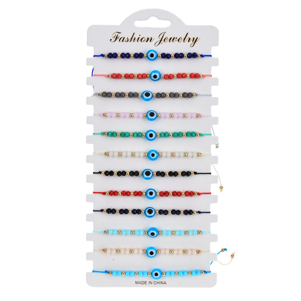 Women Men 12pcs/Sets Blue Turkish Evil Eye Charms Bracelets Crystal Bead Adjustable Rope Chain Yoga Wristband Child Girl Jewelry