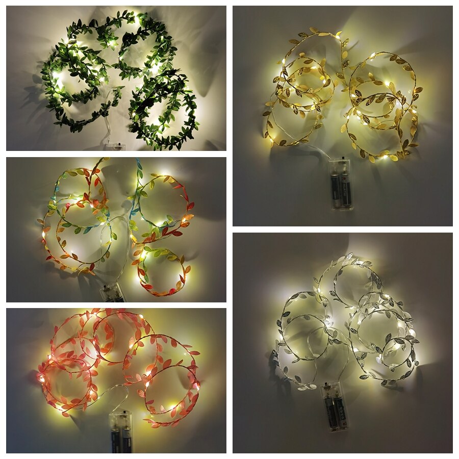 Guirnalda de hojas blancas cálidas para decoración del hogar, luces de hadas alimentadas por batería, con hojas de vid y hiedra, para bodas y jardín, 20 led