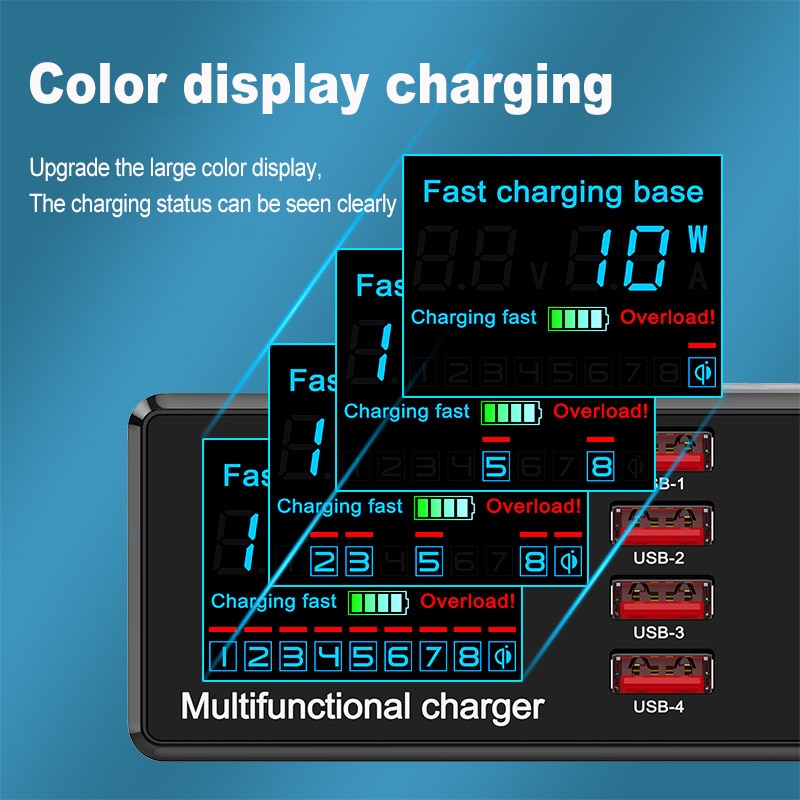 100W Ladegerät Multi-funktion 8 USB QC 3,0 Schnelle Drahtlose Ladegerät Multi-Hafen Digitale Ladegerät Беспроводная Зарядка