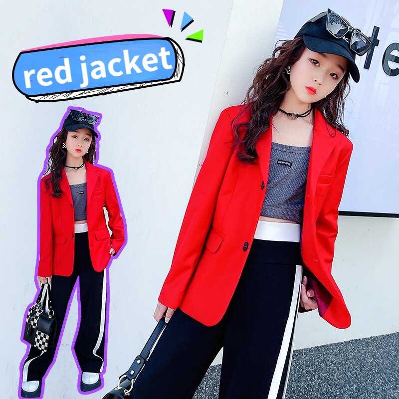 Teenage Girls Red Blazers Spring Autumn Long Sleeve Jacket for Children Loose Casual Streetwear Cool Girls Kids Outwear