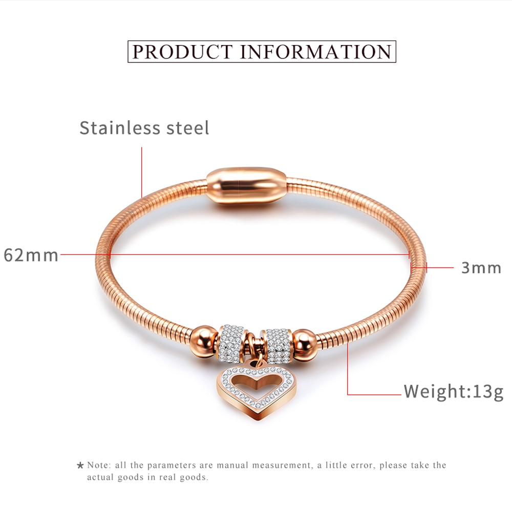 Style Heart Crystal Charm Bracelet Bangles Magnet Clasp With Snake Chain 316L Stainless Steel Women Wedding jewelry