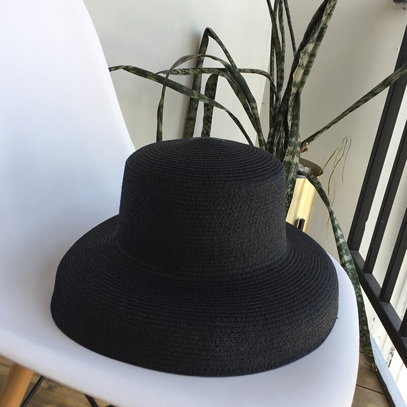 Audrey Hepburn stro hoed gezonken modelling tool bell-vormige grote rand hoed vintage hoge pretend baarheid toeristische strand sfeer: Black