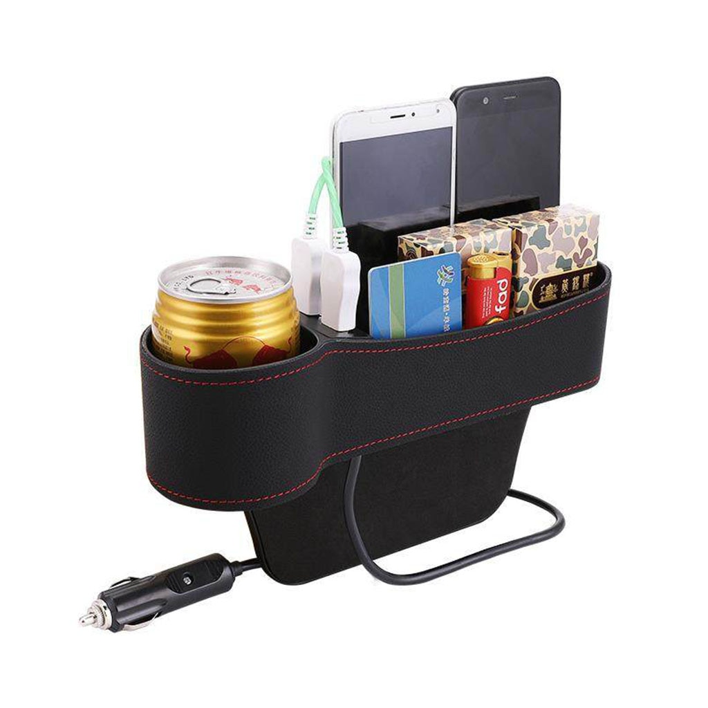 Organisateur d'écart de siège de voiture, multifonctionnel avec la double charge d'usb, porte-boîte de rangement de boisson de tasse pour le côté conducteur/passager