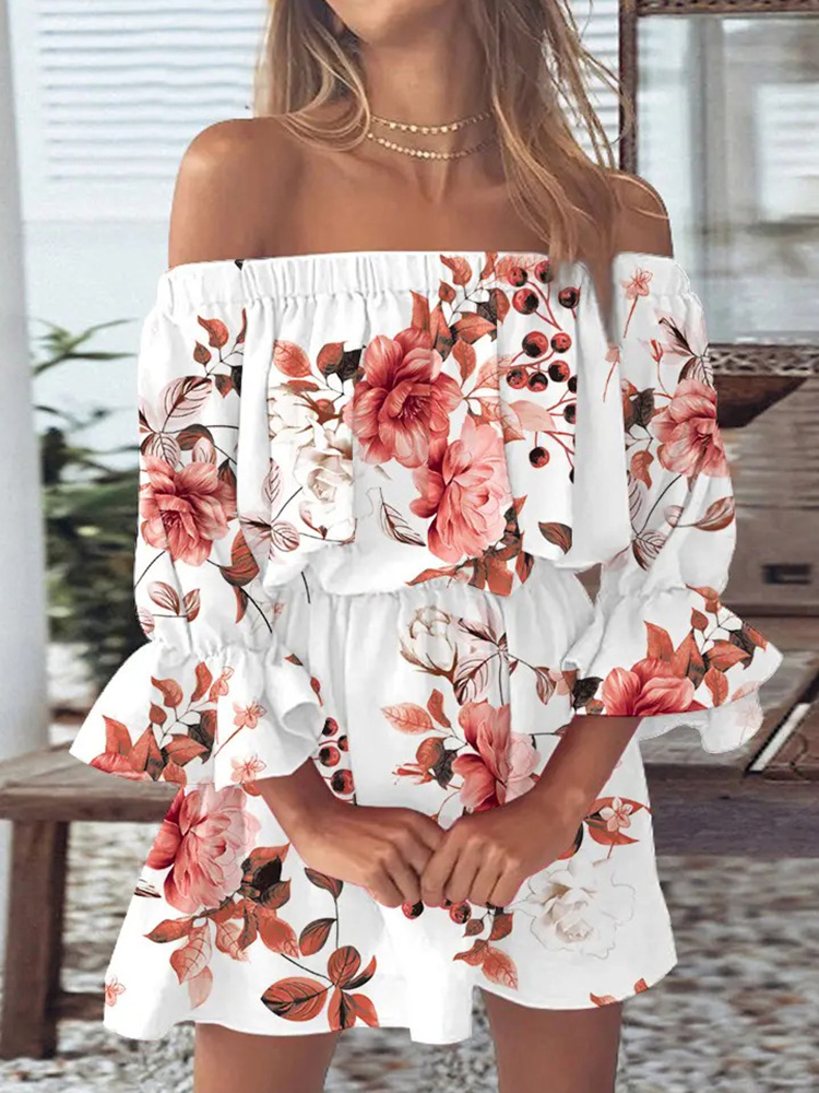 Sommer lässig Frauen Halb aufflackern Hülse Party Kleid Druck Schrägstrich Nacken Damen Mini Kleid Süße sexy Streetwear Vestidos