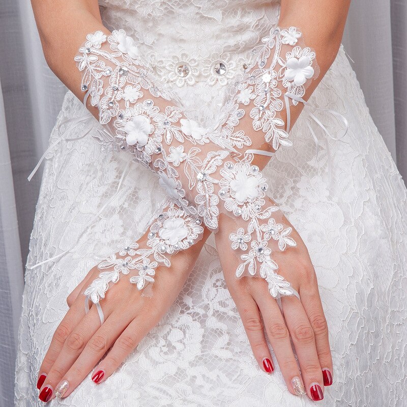 Fingerless Long Wedding Glove White Lace Appliques with Beaded Shiny Wedding Accessories Gloves for Bridal
