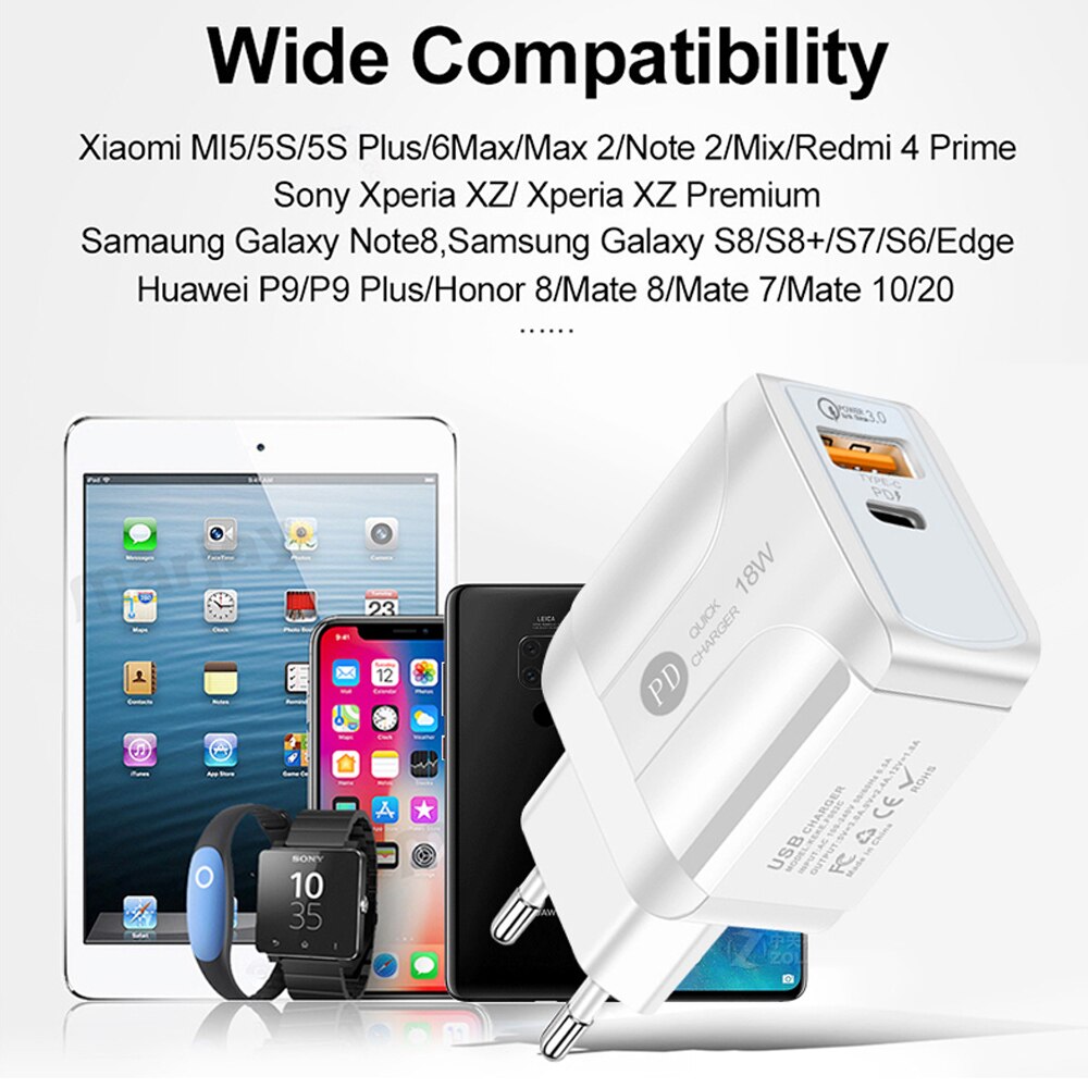 PD18W szybkie ładowanie 5V3A kompatybilny QC3.0 type-c ładowarki do telefonów komórkowych wtyczka Adapter ładowarki USB do głowicy ładującej ue/usa/UK