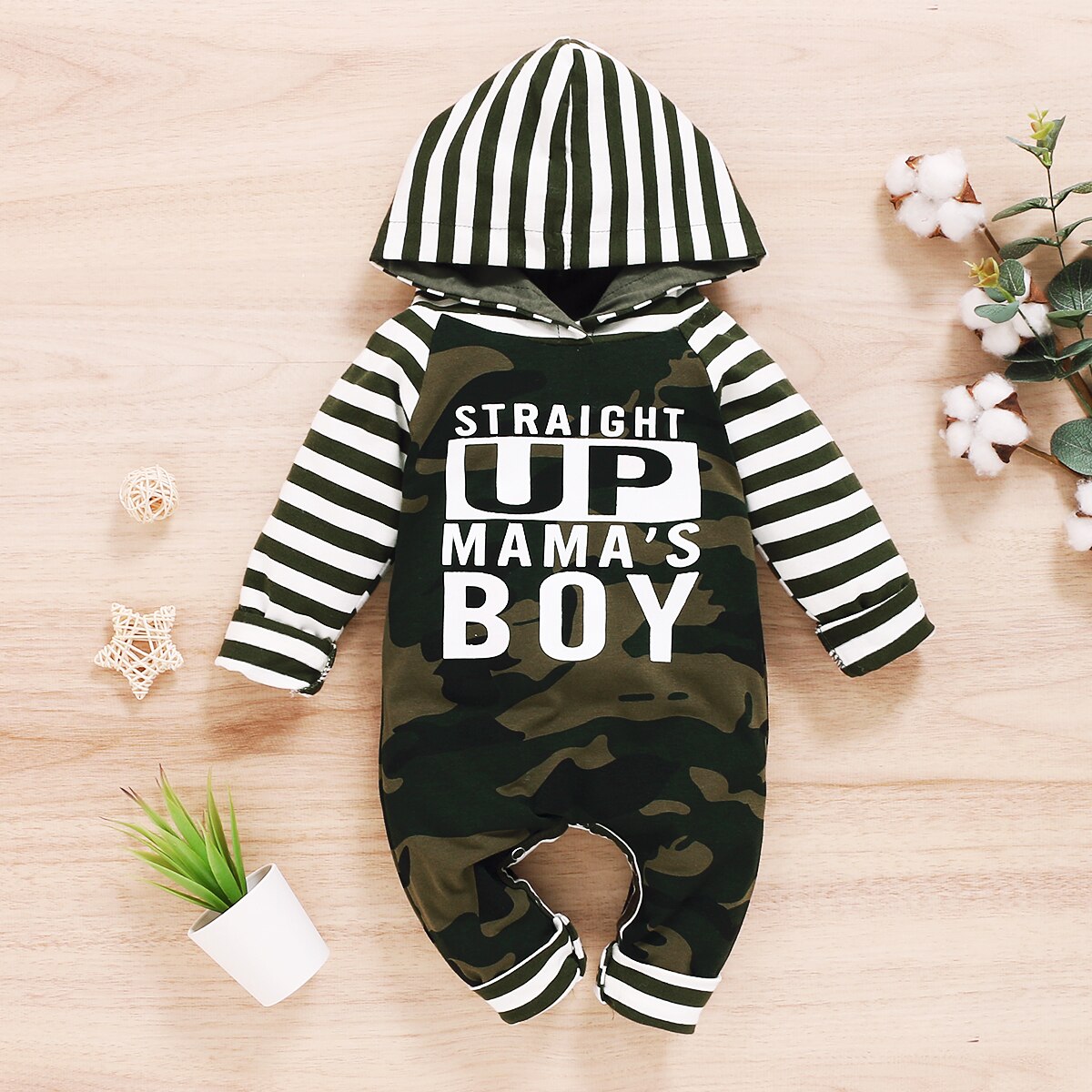 Babyjongens romper met capuchon, gestreepte lange mouwen, kleurblokletters, hoodie, camouflage jumpsuit, eendelig kledingstuk